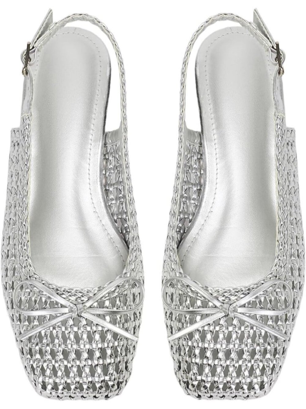 Women Woven Silver Slingback Square Toe Bow Knit Ankle Buckle Satin Ballet Flats